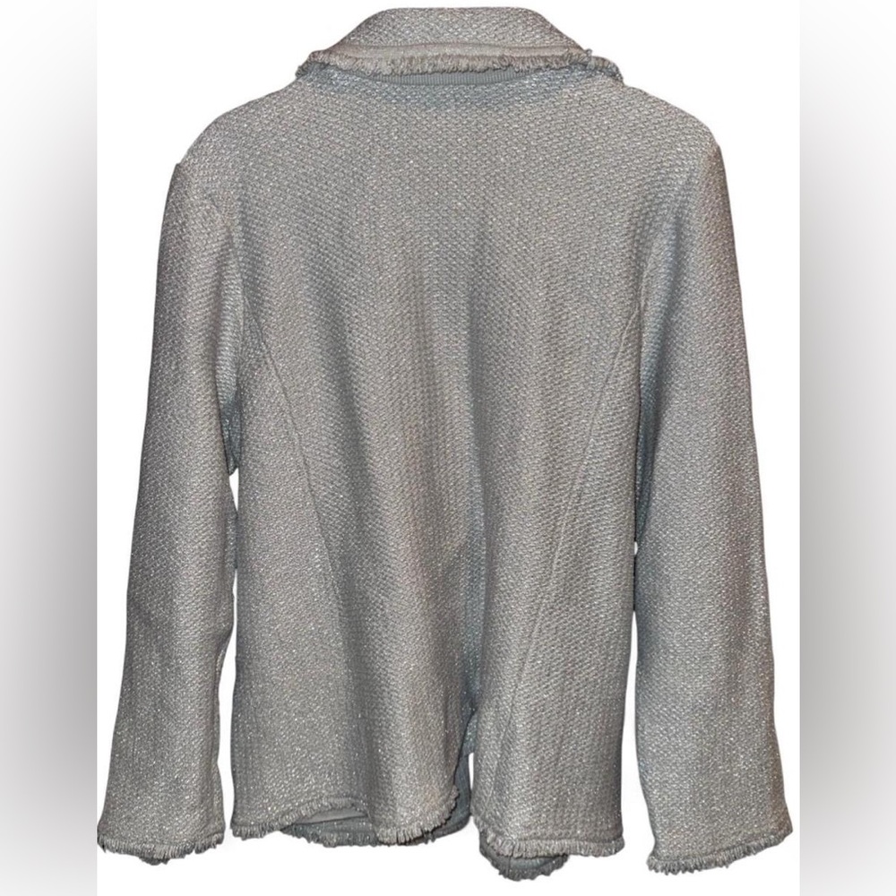 Sparkly Chico’s Metallic Silver Gray Tweed Sweater Blazer Frayed Edging Size 4 - Picture 3 of 9